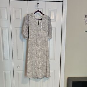 Ann Taylor Silver Midi Dress with Puff Sleeves